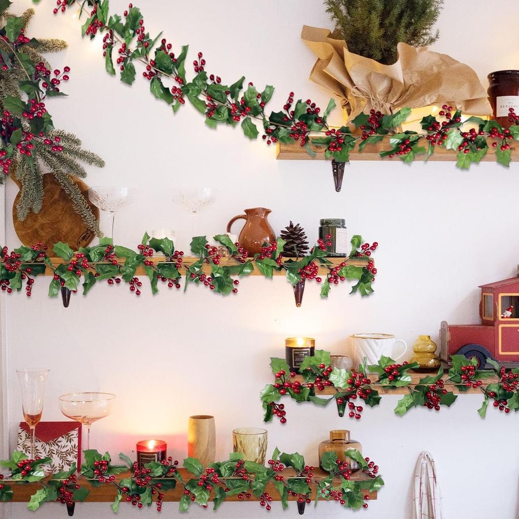 2 Pack Christmas Garland Decorations Clearence, 11Ft Holly Leaves with Red Berry Garland for Christmas Tree Staircase Mantle Indoor Outdoor Holiday