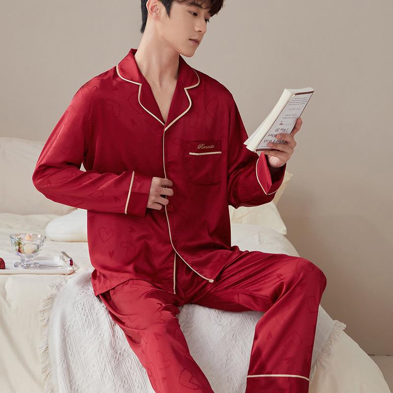 Year of the Rat Red Heart Couple Pajamas - Soft, Colorfast Ice Silk Jacquard for Weddings