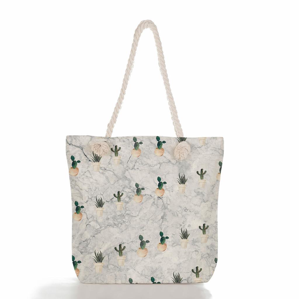 Marble green leaves print thick rope single-shoulder beach bag 7273 CLE