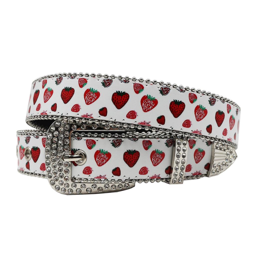 Leren Riem met Aardbeienprint en Strass - Y2K Punk Koppel Modetrend