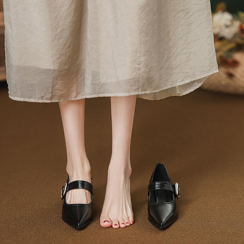 Mary Jane shoes women's French style 2025 autumn new black pointed thick heel temperament single shoes high sense not tired feet
