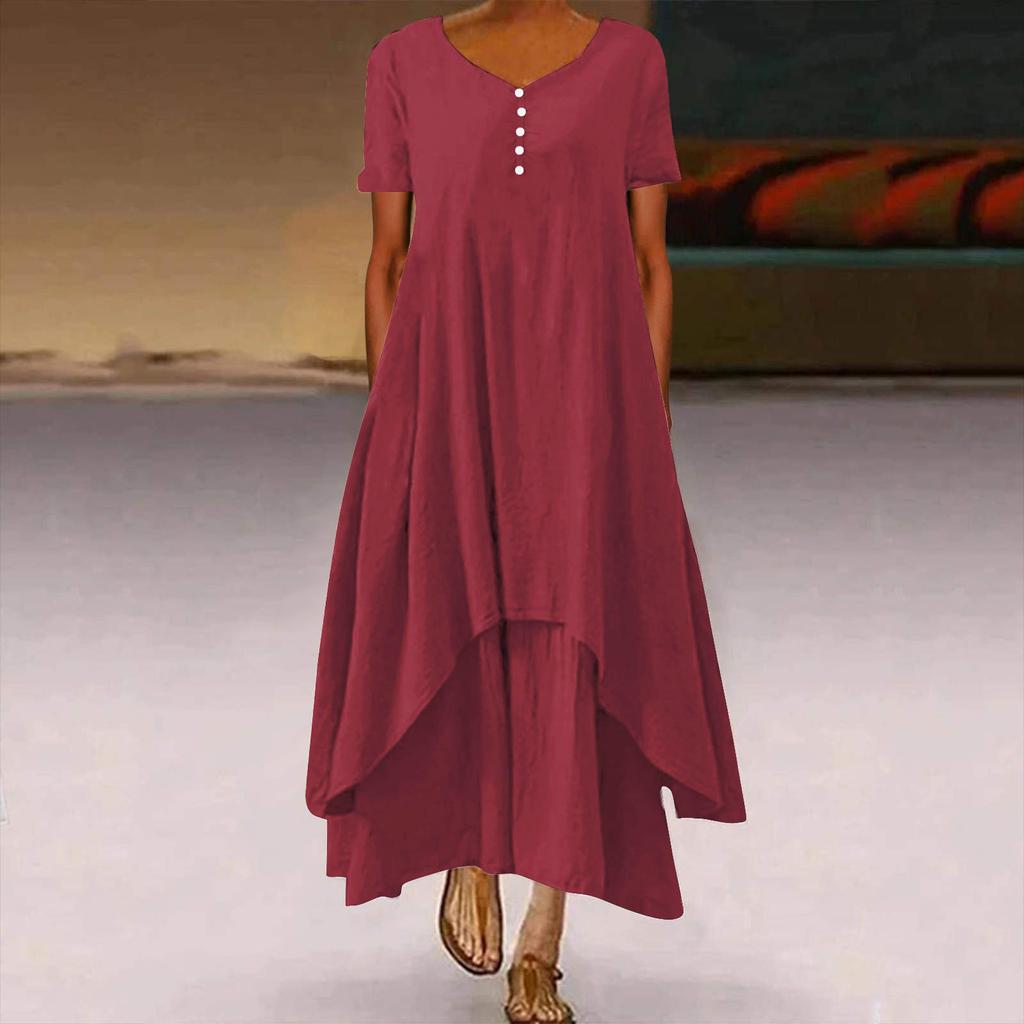 Women's Fashion Boho Solid Color Short Sleeve Loose Casual Irregular Dress