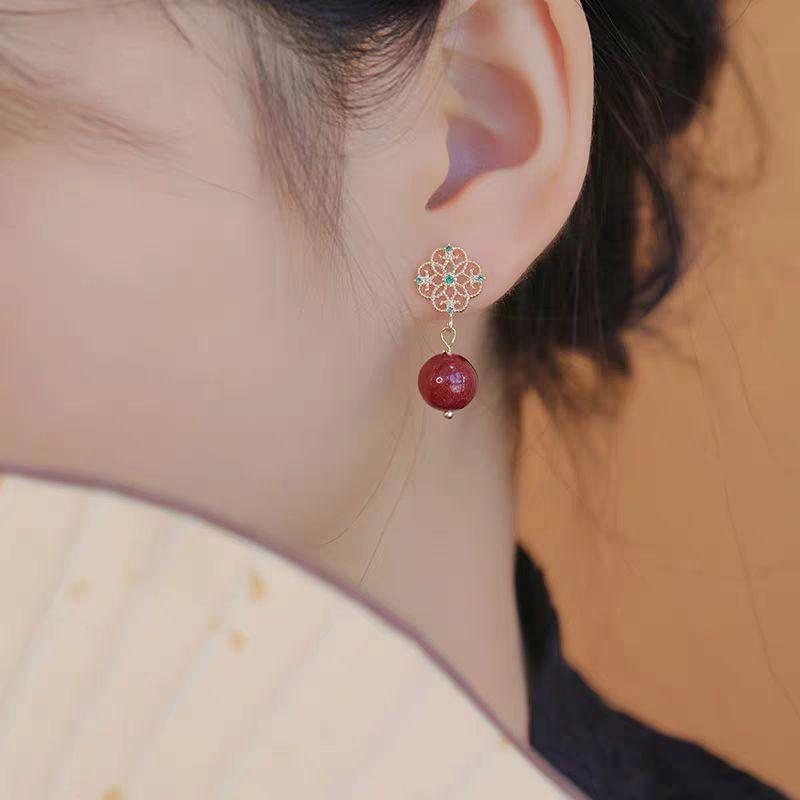 

Silver Imitation Beeswax Jade Stud Earrings for Women 2025 New Arrival Best Selling New Chinese Style Fancy Niche Style Temperamental Earrings A pair of red agate earrings