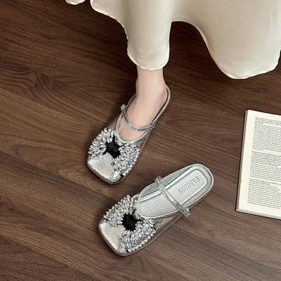Bow Flat Mary Jane Single Shoes Women's Summer French Fashion Rhinestone Soft-soled Bag Head Slippers with Slippers