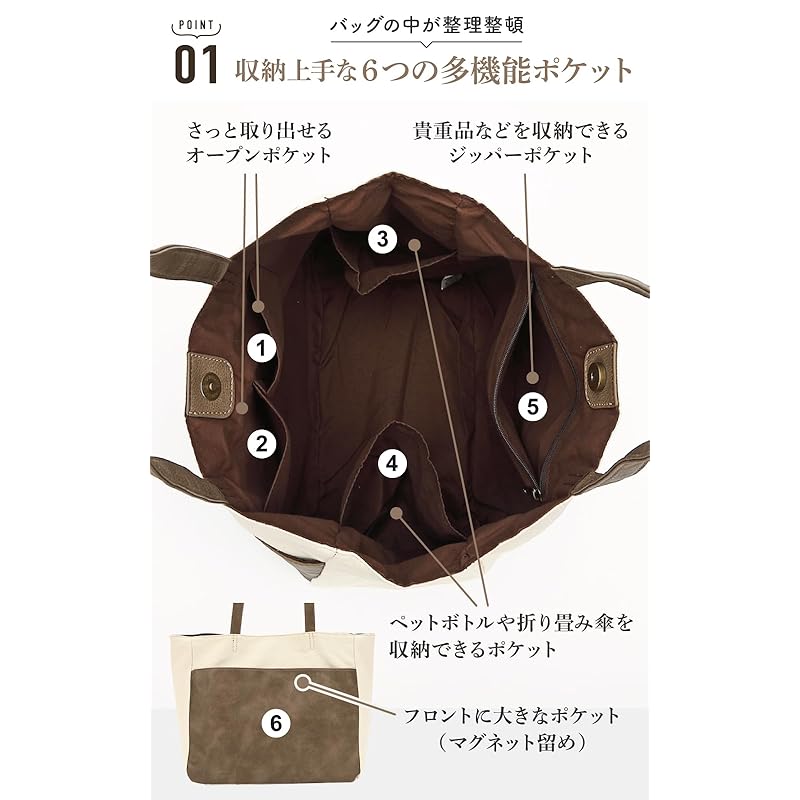 [6 Storage Pockets] Miworna Tote Bag Ladies Pocket Large Canvas Canvas A4 Large Capacity Lightweight Commute Men's Smaller Faux Leather Light Gray X