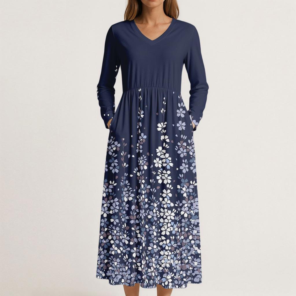 Dress For Women Long Boho Beach Dress Elegant Maxi Dress V-Neck Long Sleeve Dress With Pockets