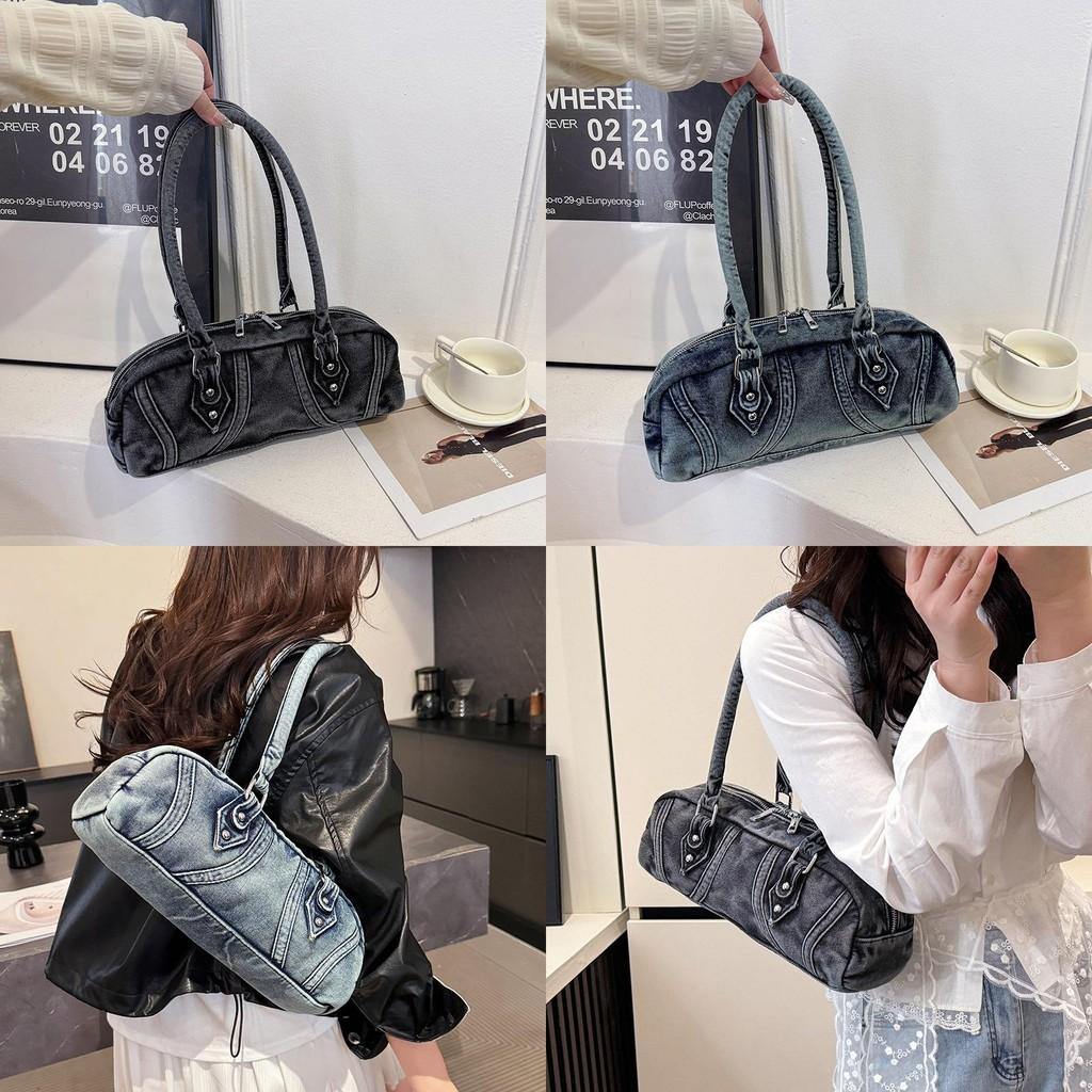 Denim Baguette Shoulder Bag For Women With Vintage Style And Zipper Closure For Daily Use