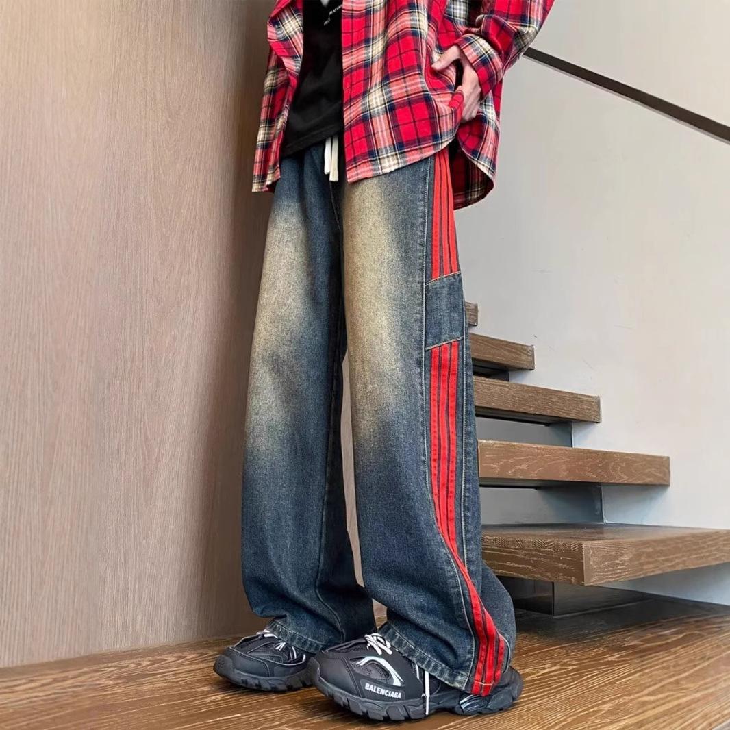 

Мужские американские ретро трехполосные весенне-осенние уличные прямые брюки с эффектом стирки, свободные широкие брюки S