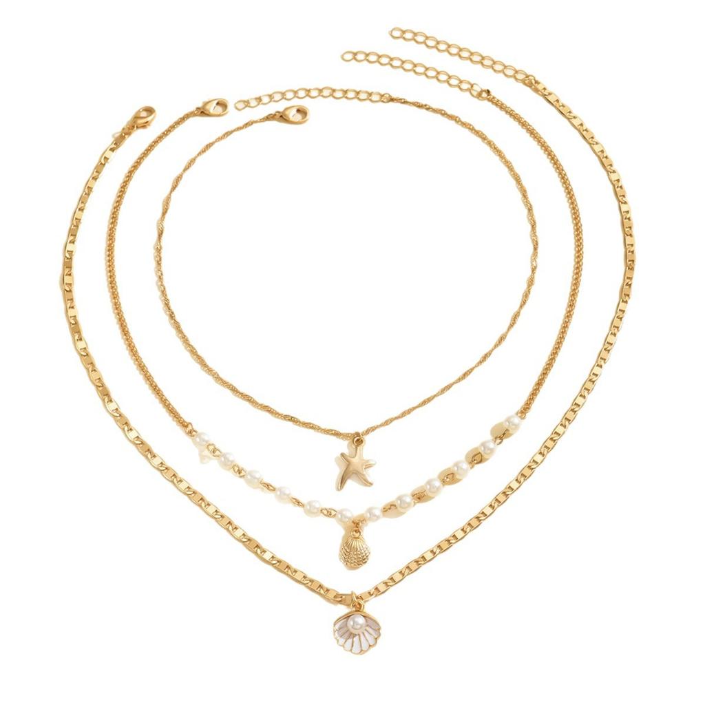 Multi-layer   necklace, gold  pearl fishtail chain pendant necklace, fashionable bohemian  pendant necklace