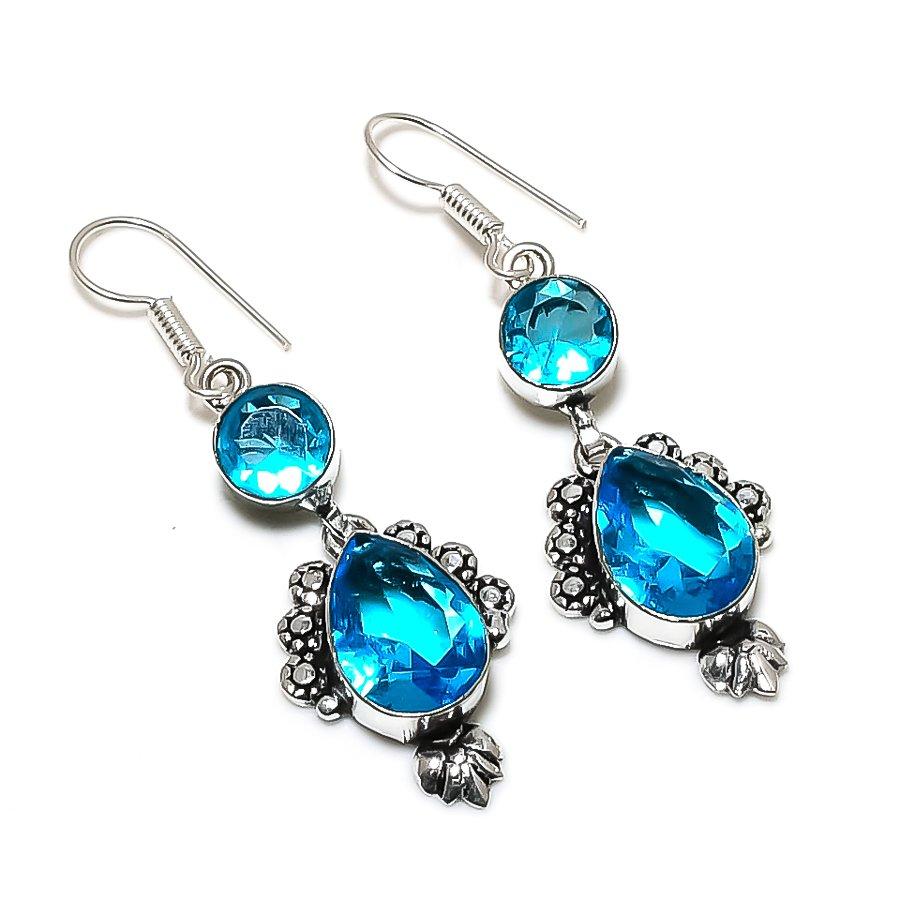 

Подарочные серьги ручной работы из стерлингового серебра 925 пробы с натуральным лондонским голубым топазом 2,13 дюйма s3G07