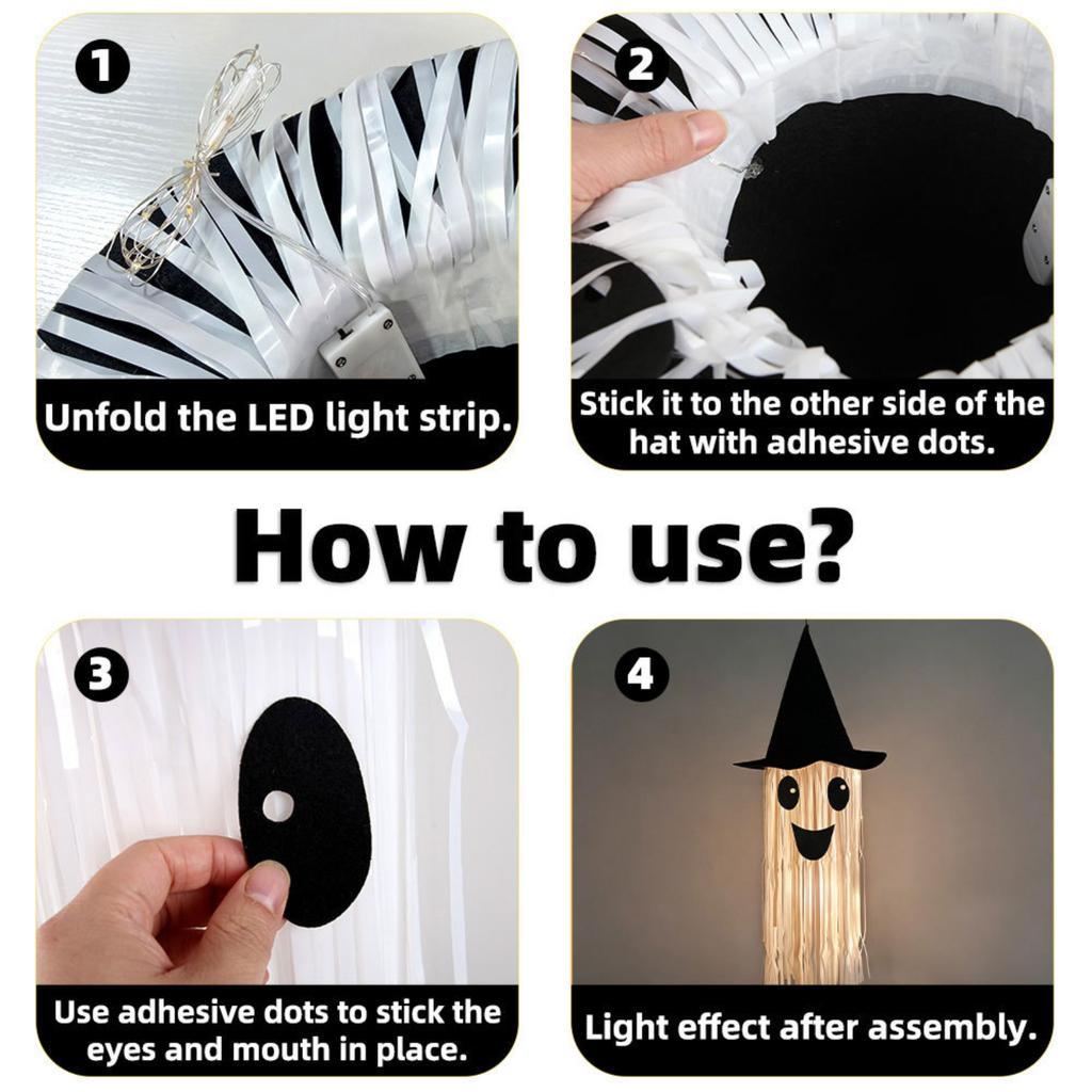 Halloween Light Up Smiling Ghost Hanging Decoration with Witch Hat Long Fringe Design for Indoor Outdoor Party Use