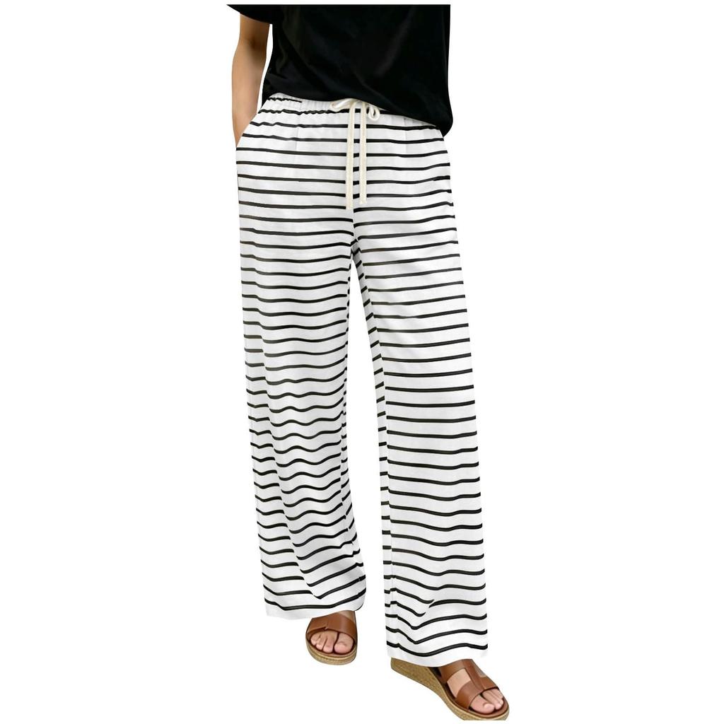 Women’s Relaxed Fit Striped Print Wide Leg Drawstring Pants Casual Lounge Elastic Waist Trousers with Pockets for Everyday Wear