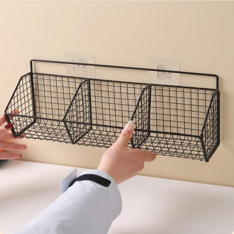 1/2/3 Grid Wall Mounted Kitchen Shelf Organizer Metal Rack Pantry Storage Garlic Ginger Basket Carbon Steel Hanging Wire Basket