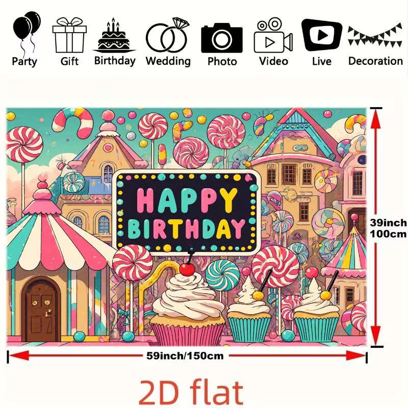 2D Kids Happy Birthday Backdrop, Candy House Theme Photography Background