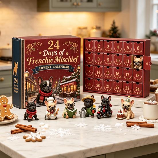 Cute Puppy Christmas Decoration French Bulldog Advent Calendar, 24-Day Countdown Acrylic Ornament, Collectible Dog Lover Holiday Gifts Figurine