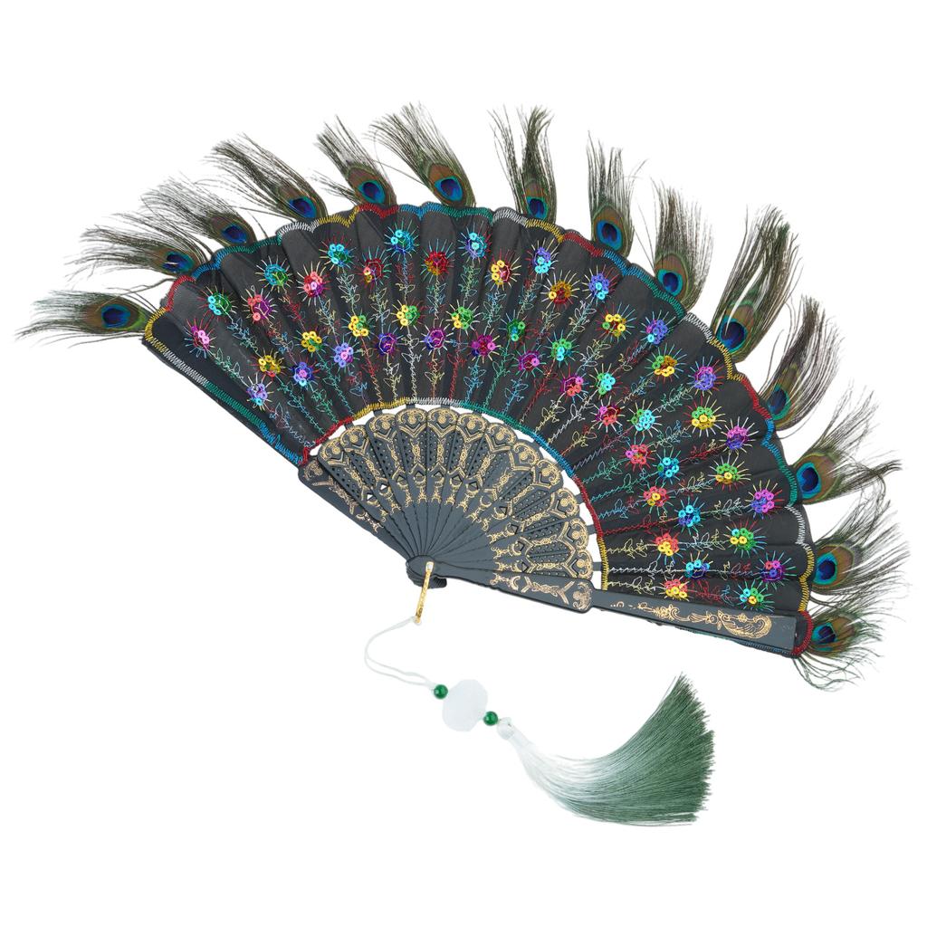 Colorful Hand Fan Elegant Peacock Feather Folding Fan for Halloween and Vintaged Type Occasion Decoration