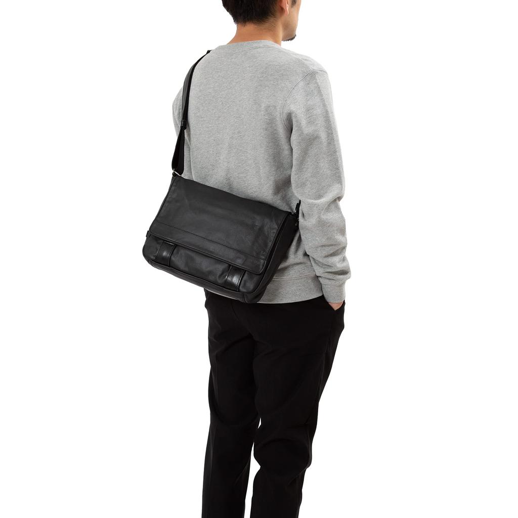 Doubles Crossbody Genuine Leather Shoulder A4 Black Men's Bag, Size, VWE-1926,