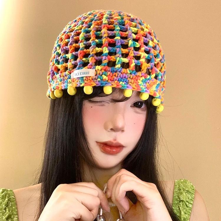 Color Dopamine Beaded Hollow Knitted Hat Female Summer Autumn Hyunya Wind Breathable Face Small Bag Head Hat