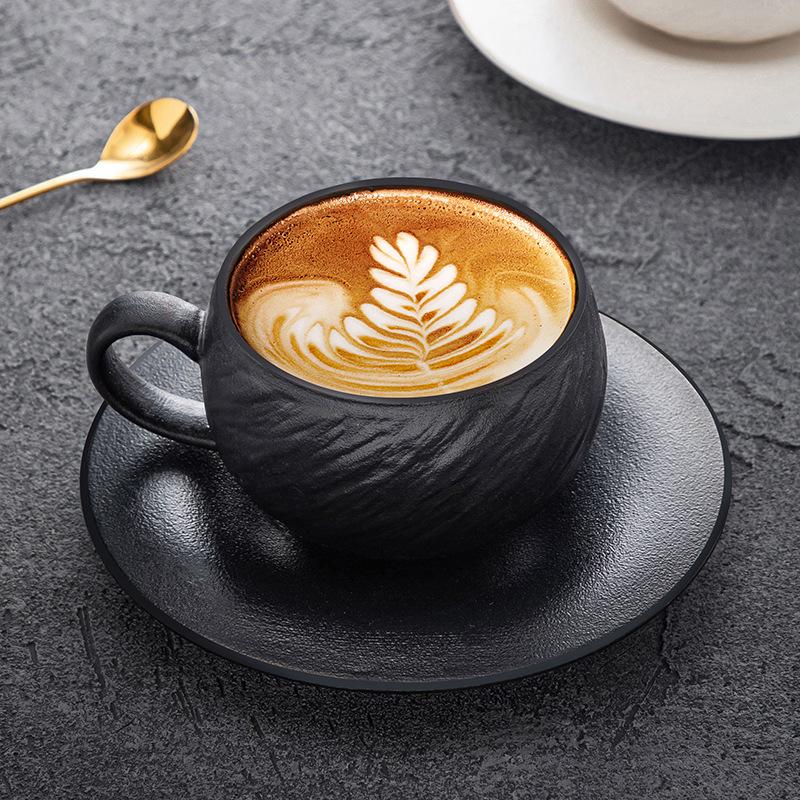 European Black  White Ceramic Coffee Cup Saucer Matte Stone Grain Breakfast Milk Mug Exquisite Afternoon Camellia Flower Tea Cup