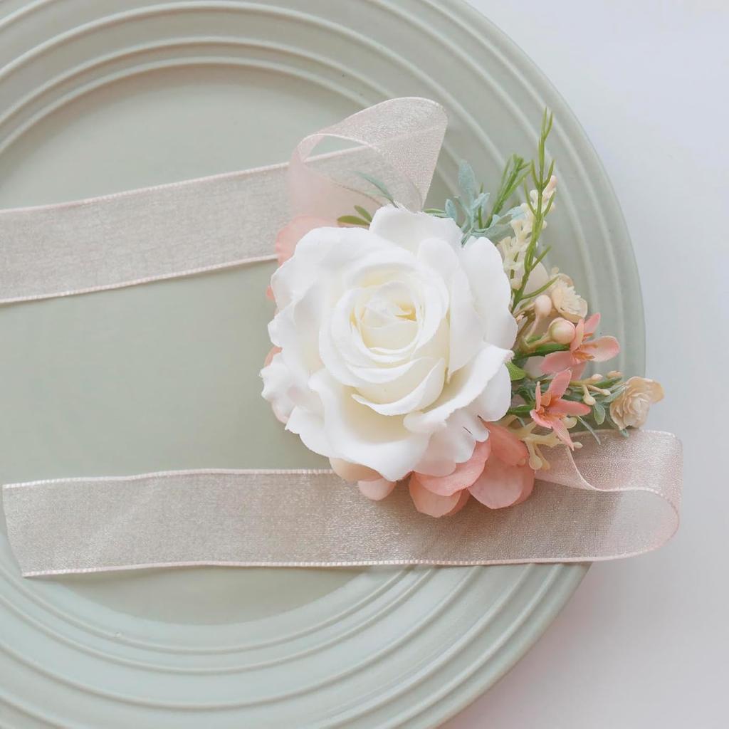 MAFELOE Wrist Corsage and Boutonniere Set Artificial Rose Flowers Accessories for Groom Bride Groomsmen Bridesmaids Wedding Party Prom Suit- Creamy