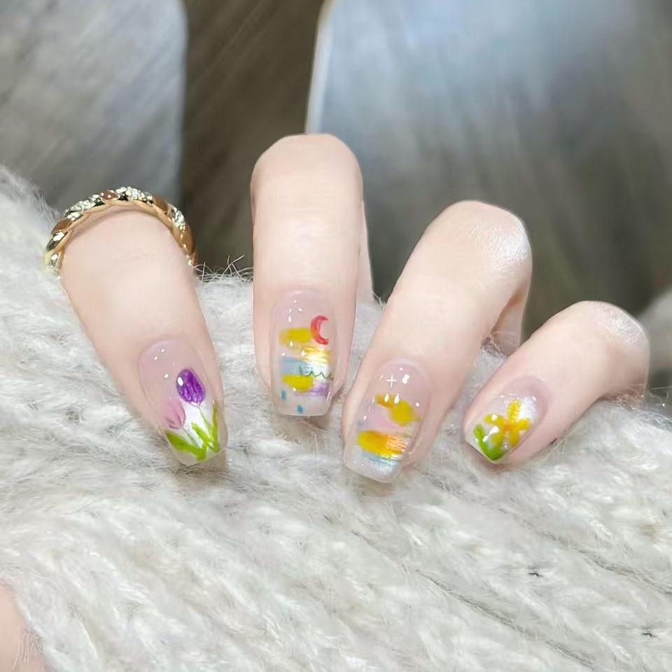 Spring Gradient Tulip Nail Stickers: Fresh Forest Hand-Painted Design