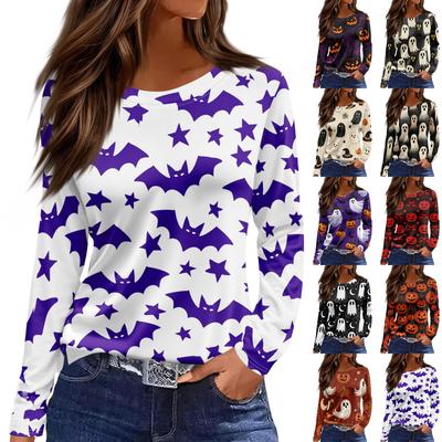 Women's Halloween Print Long Sleeve Round Neck Top with Hem Slits for Casual Fall Outings