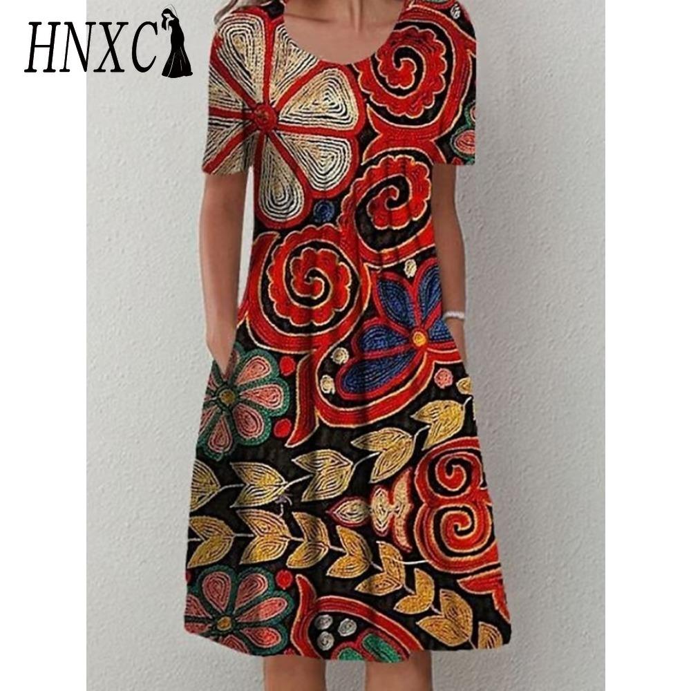 HNXC 30 Color Pleated Midi Dress Short Sleeve Round Neck Loose Hem Mid-Calf Length Women Floral A-Line Party Dress Casual Wear
