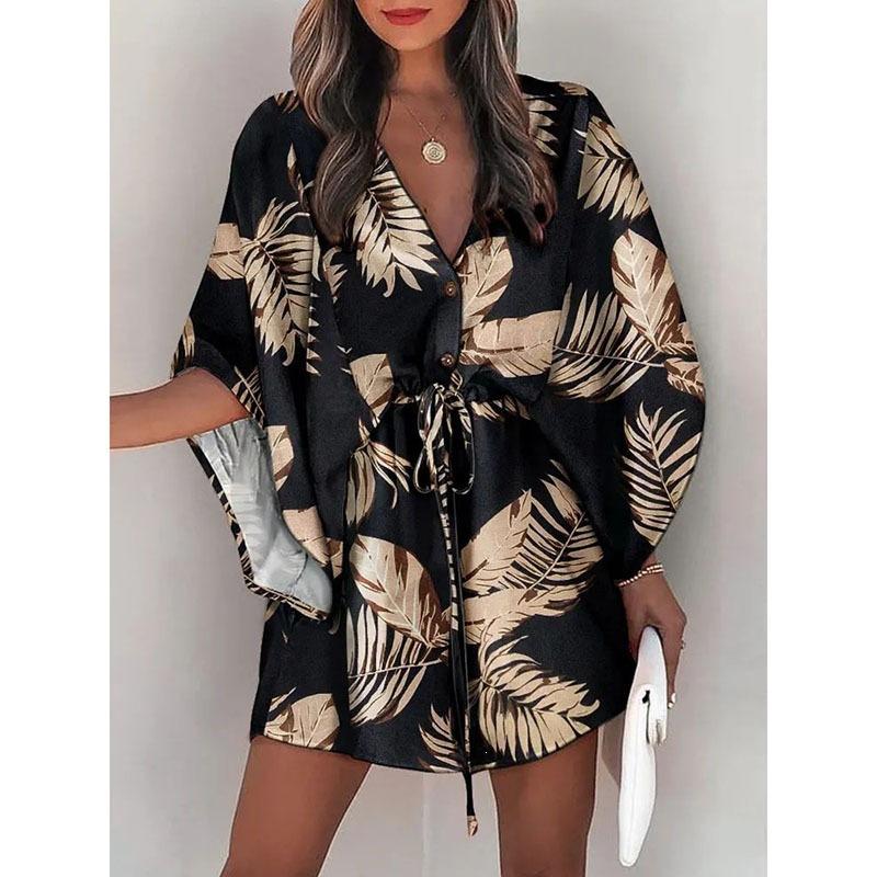 2026 Frühling Damen V-Ausschnitt Fledermausärmel Tropischer Print Kordelzug Taille Mini Strandkleid Urlaubs Überwurf Kurzes Kleid