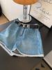 Women's Plus Size Retro Blue High-Waisted Denim Shorts with Lace Trim - Loose Slimming Wide-Leg Design