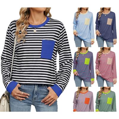 Women's Autumn Winter Round Neck Contrasting Pocket Slit Loose Top Long Sleeved T-Shirts Women’s