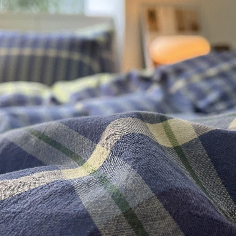 New Pure Cotton and Linen Double Yarn Four-piece Set Striped Print Single and Double Bed Sheets Bedding