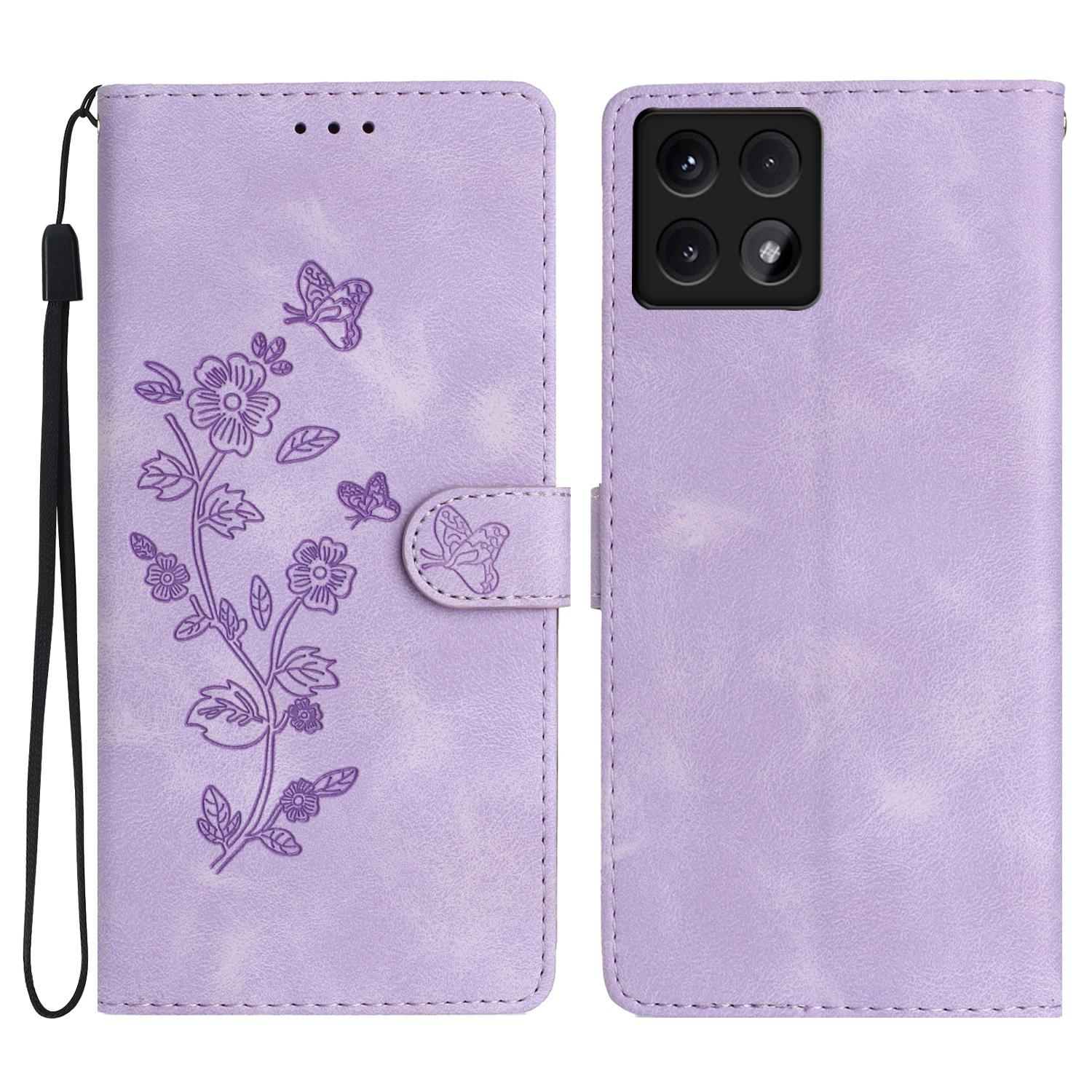 

For Xiaomi 14T Case Leather Imprinted Flower Phone Cover Wallet with Wrist Strap Purple