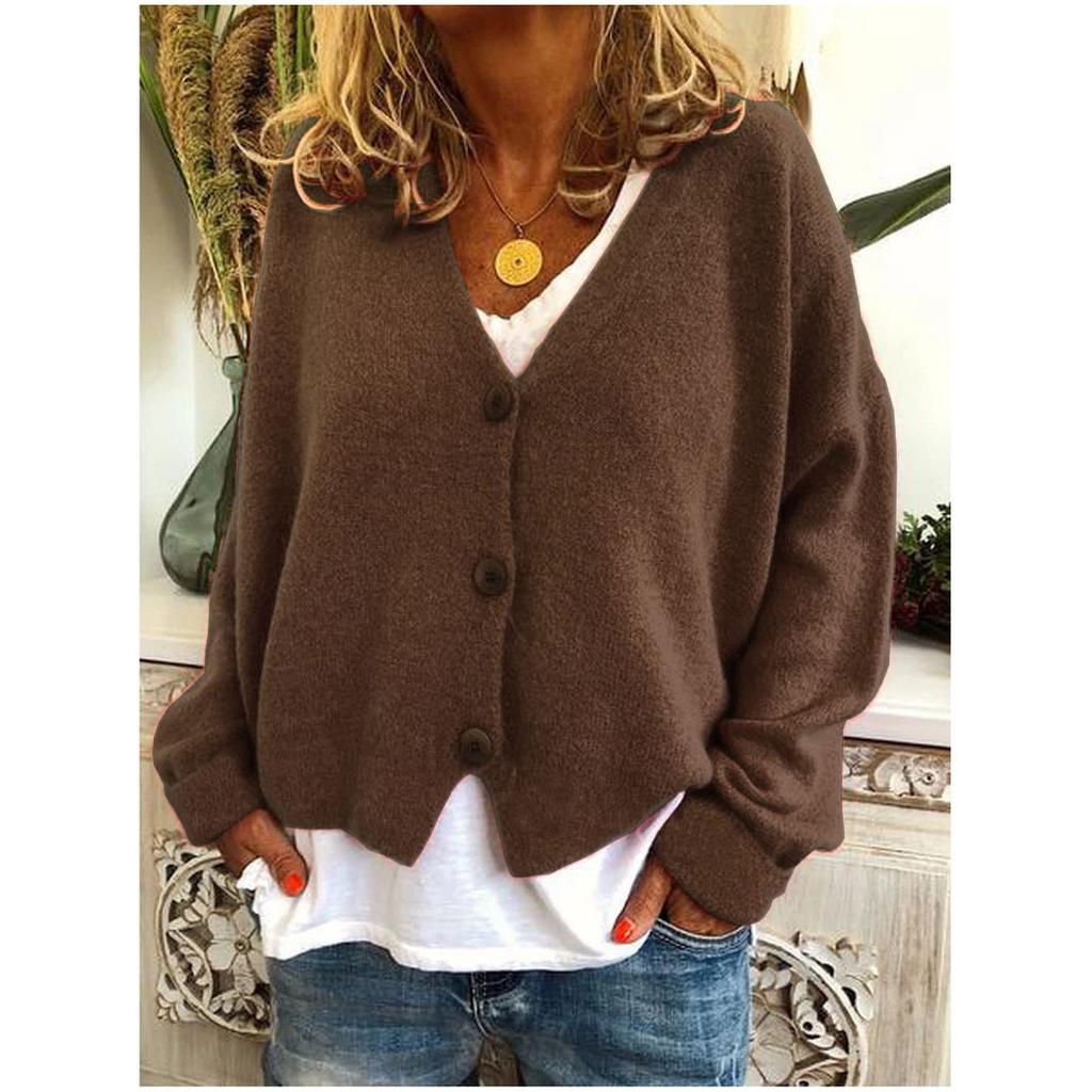 Women's Spring and Autumn Loose Knit Cardigan Solid Color V-neck Long-sleeved Single-breasted Loose Knit Sweater Coat