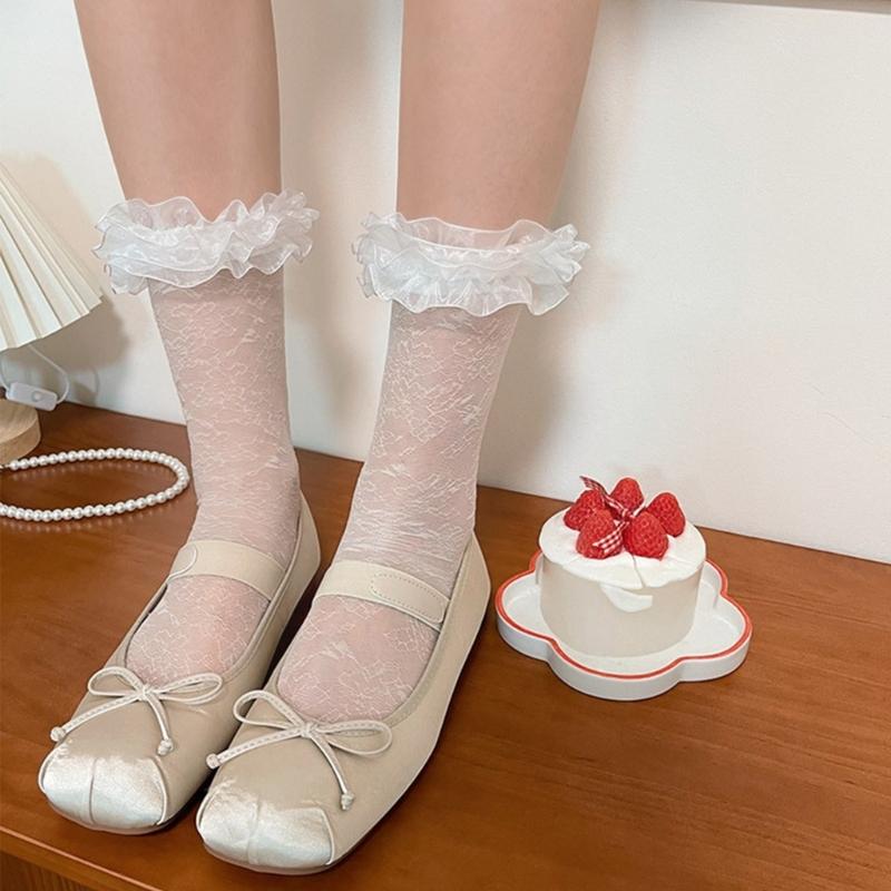 Womens Ruffle Socks Cute Lolitas Crew Socks Frilly Dress Socks Girls Turn-Cuffs High Ankle Socks Sheer Lace Mesh Socks