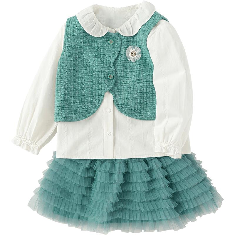 Girls' Autumn Ruffle Collar Shirt & Cake Skirt Three-Piece Set