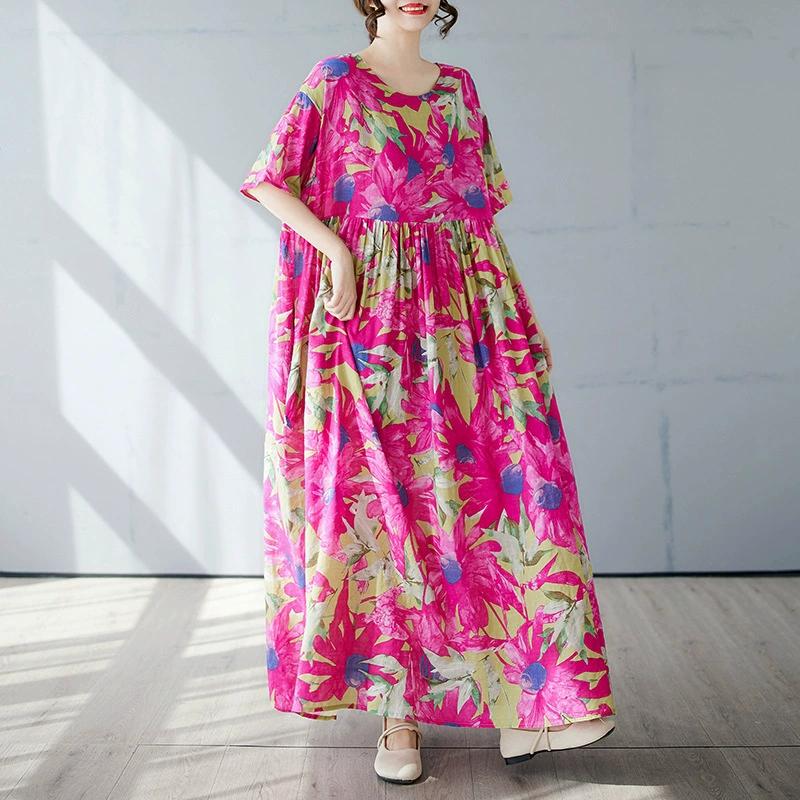 Plus Size Bohemian Print Maxi Long Dress for Women Floral Casual Cotton Linen Loose Vintage Vestidos Para Mujer Robe Dresses