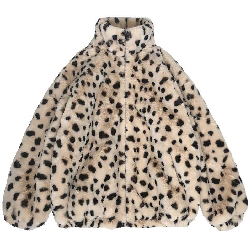New Zipper Leopard Print Fur Stand-up Collar Jacket Autumn and Winter Medium and Long Imitation Rabbit Fur Women's Clothing Thickened Warm Fur Top