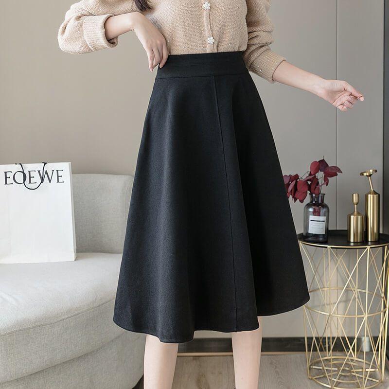 Autumn Winter Women's High Waist Slim-Fitting Flared A-Line Skirt Mid-Length Versatile Tummy-Hiding Korean Style Waist-Cinching Umbrella Skirt