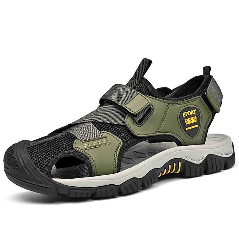 Men's Plus Size Breathable Mesh Beach Sandals, Non-Slip Outdoor Closed-Toe Velcro Shoes