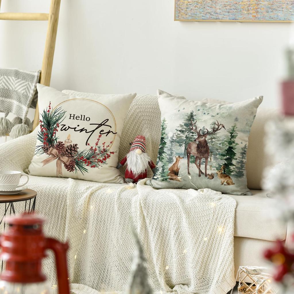 Merry Christmas Trees Reindeer Snowflake Throw Pillow Covers, Winter Holiday Cushion Case Decoration For Sofa Couch Set Of 4