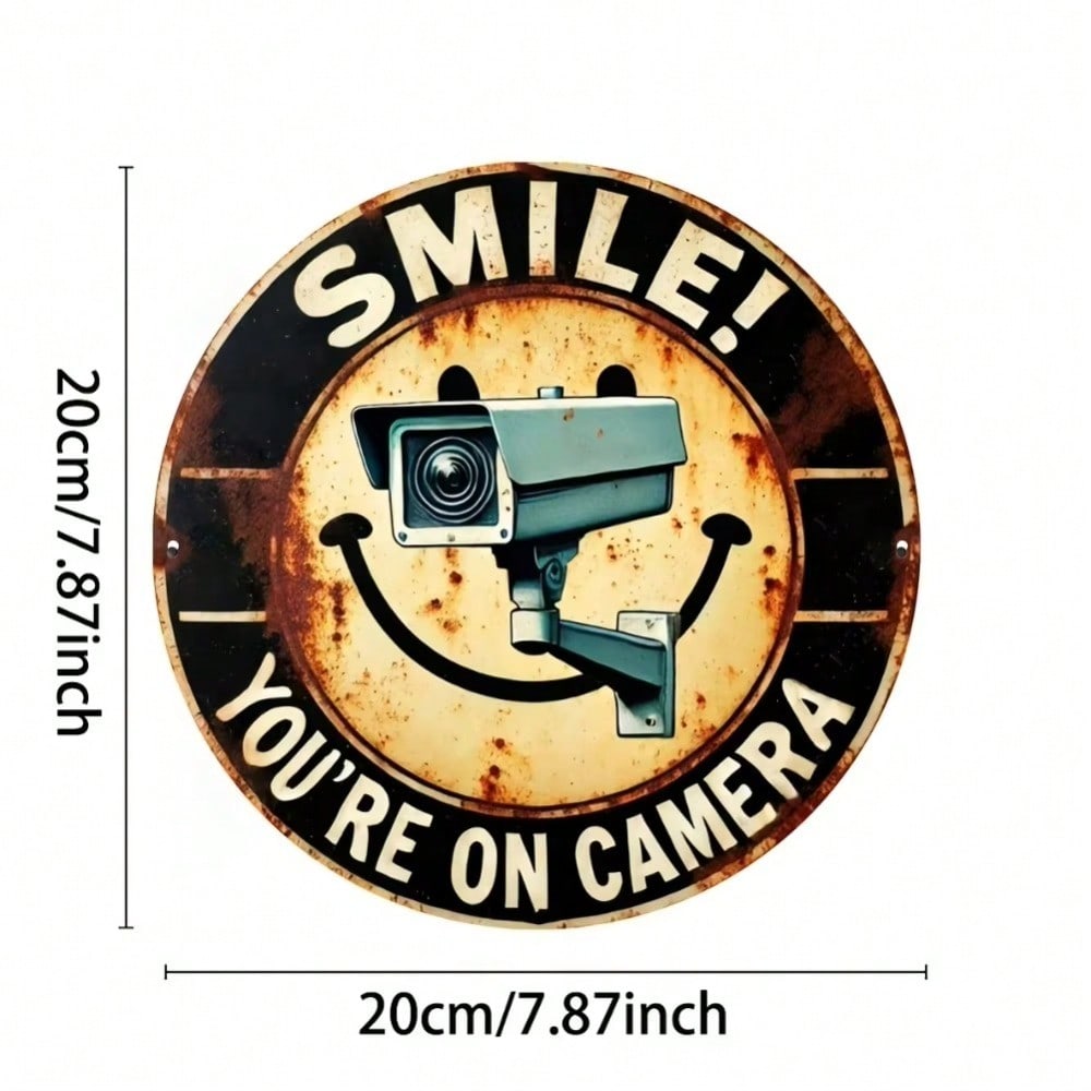 1pc 8 Inch 2D Flat Round Iron Wall Art Smile Youre On Camera Metal Sign Security Design Home Bar Cafe Decor