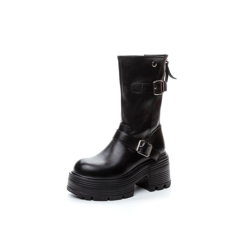 Fashion 9CM Microfiber Leather Autumn Boots Flats Plush Ankle Booties Women Platform Wedge Thick Sole Motorcycle Winter Shoes