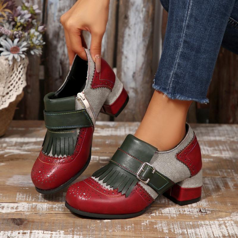 Spring and Autumn Ladies Wind Bullock Contrasting Tassel Side Zipper Women's Shoes Belt Buckle Middle Heel Single Shoes