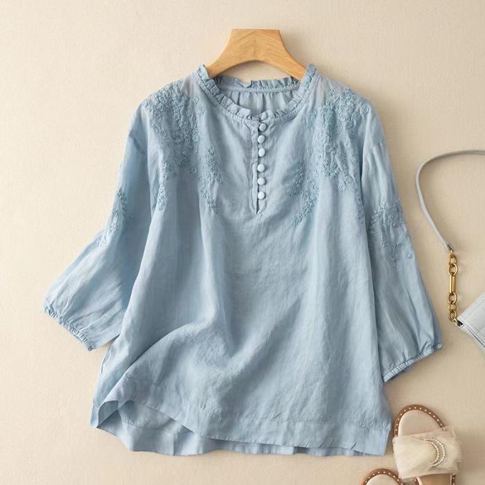 Southeast Asia Retro Embroidered Cotton-Linen Two-Piece Set: Seven-Sleeve Shirt & Wide-Leg Pants