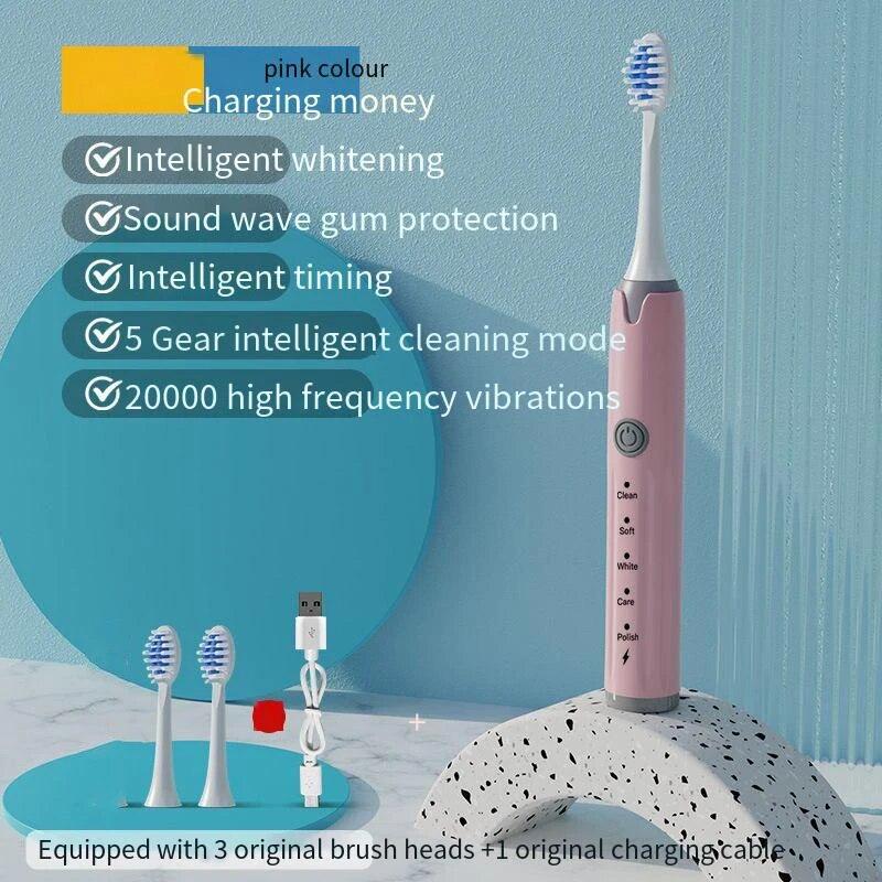 

Электрическая зубная щетка Мощная ультразвуковая защита десен USB-зарядка Перезаряжаемая зубная моющаяся электронная отбеливающая щетка для взрослых Pink 3head