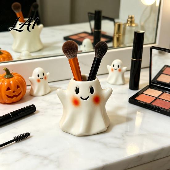 Funny Holiday Gifts for Friends Ghost/Skull Shape Pen Holder Resin Desktop Organizer Halloween Cute Ghost Cup Decorative Storage Container