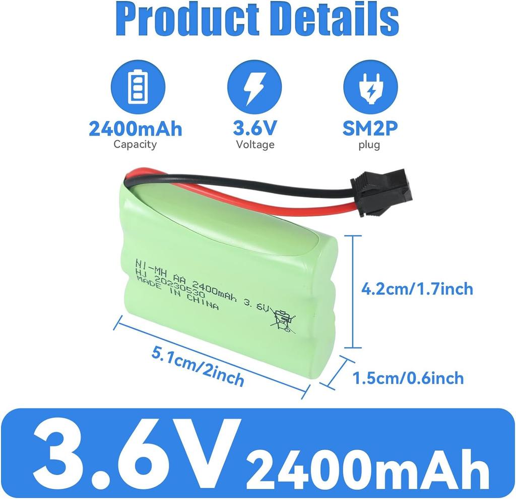 3.6V 2400mAh Ni-MH AA Oppladbart Batteri med USB Ladekabel og SM-2P Kontakt – Ideelt for RC Leker, Belysning og Elektroverktøy