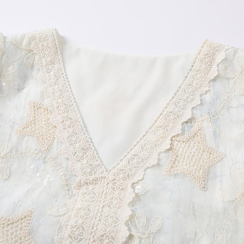 Women's V-Neck Embroidered A-Line Bubble Sleeve Dress