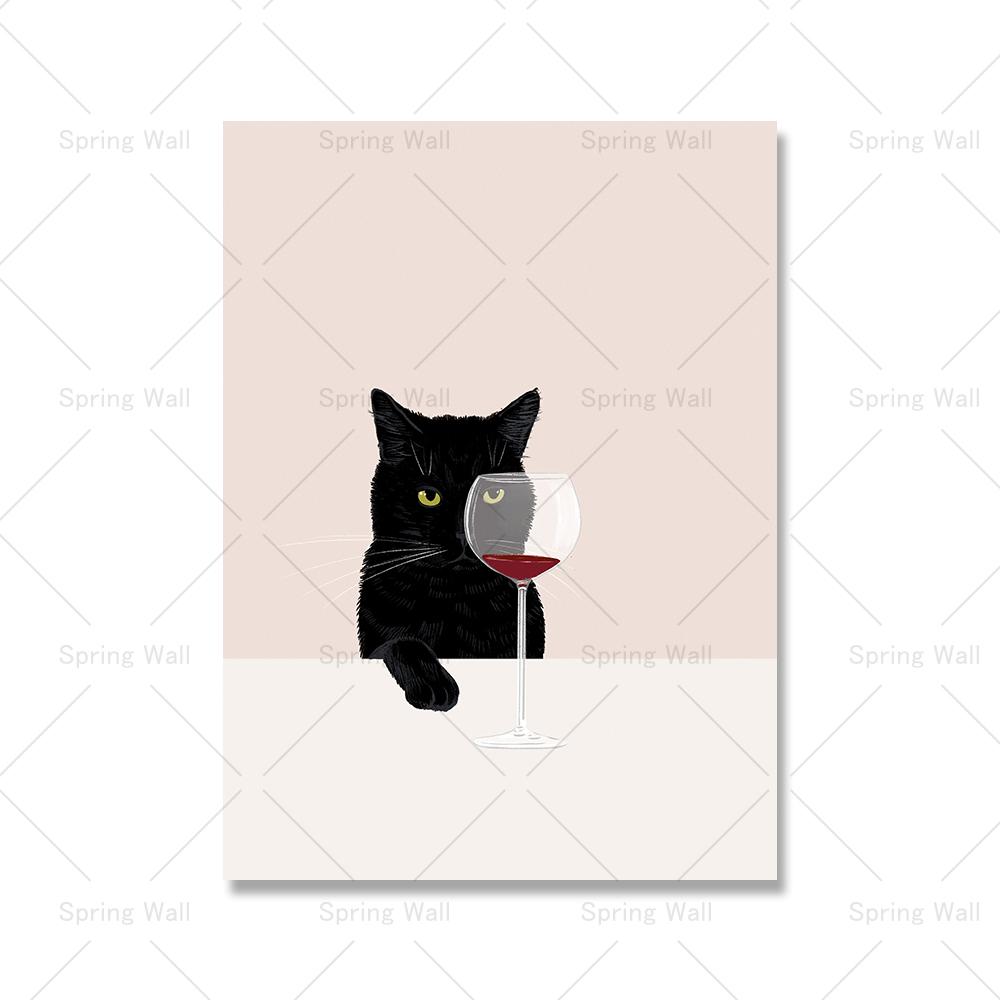 Lustiges süßes schwarzes Katzenplakat, weiße Katzen schmecken Rotwein, Leinwandmalerei, Katze, Küche, Wandkunst, Bilder für Wohnzimmer, Heimdekoration
