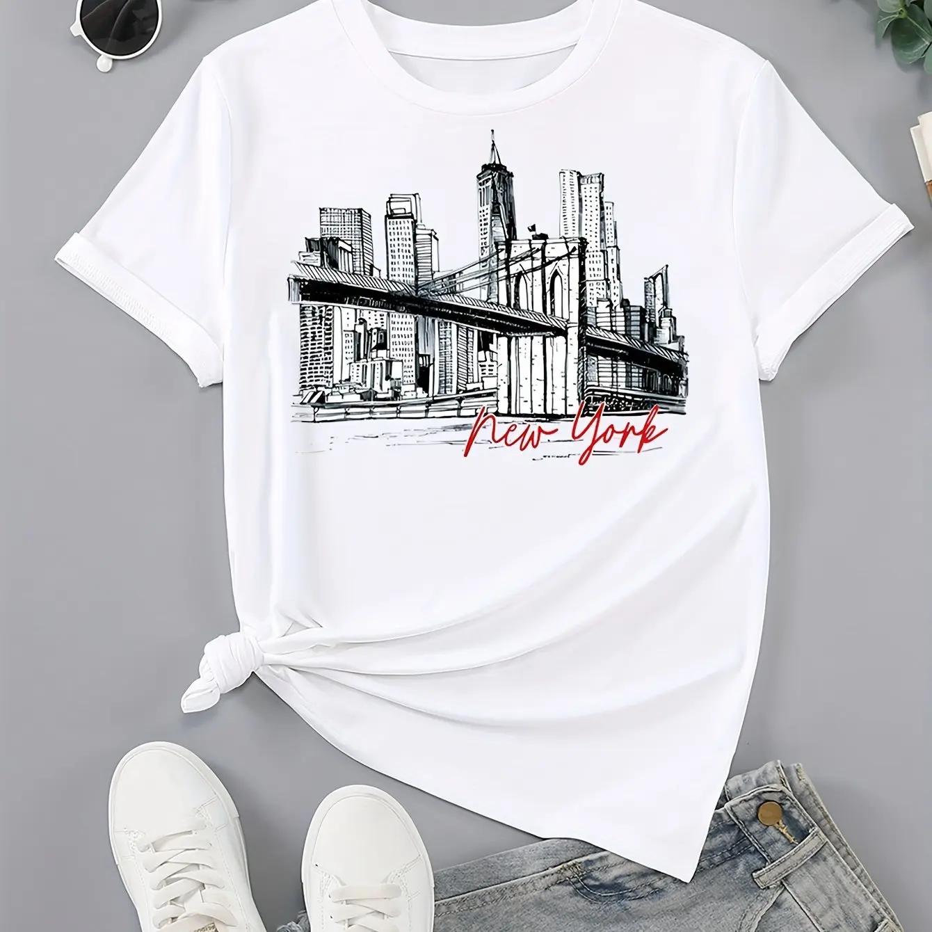 

New York Print Crew Neck T-shirt Casual Short Sleeve Top For Spring & Summer Women s Clothing Hop Casual Female Clothing 3XL